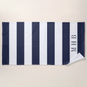 Wit en Midnight Blue Stripe en Monogram Strandlaken (Voorkant)