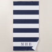 Wit en Midnight Blue Stripe en Monogram Strandlaken (Voorkant)