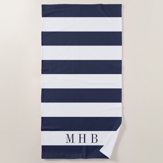 Wit en Midnight Blue Stripe en Monogram Strandlaken (Voorkant)