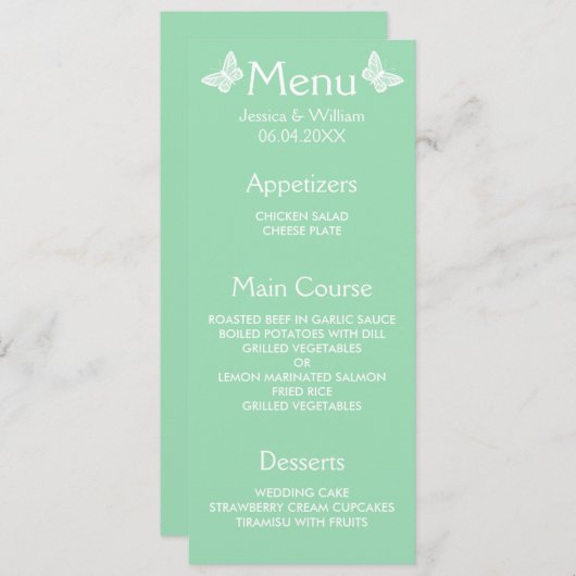 Wit en Mint Green Butterflies Weddenschap Menu (Voorkant / Achterkant)
