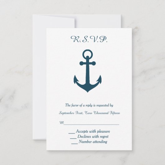 Wit en Navy Blue Anchor Wedding RSVP Reageer (Voorkant)