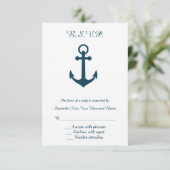 Wit en Navy Blue Anchor Wedding RSVP Reageer Kaartje (Staand voorkant)