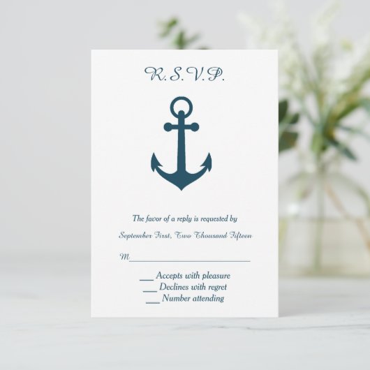 Wit en Navy Blue Anchor Wedding RSVP Reageer Kaartje (Staand voorkant)