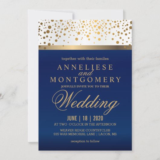 Wit en Navy Blue met gouden Stippen - Uitnodiging (Voorkant)