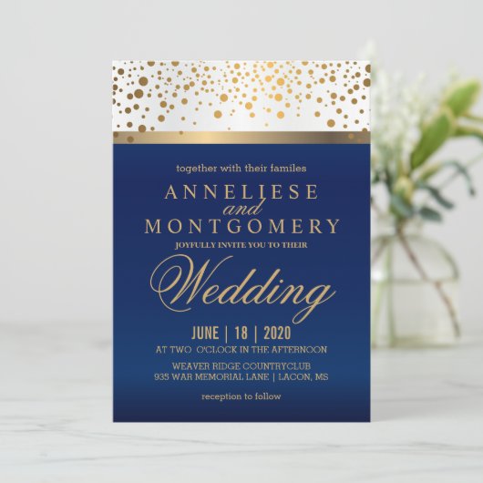 Wit en Navy Blue met gouden Stippen - Uitnodiging (Staand voorkant)