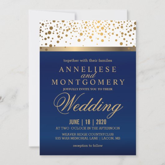Wit en Navy Blue met gouden Stippen - Uitnodiging (Voorkant)