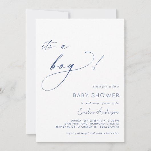 Wit en Navy Blue Simple Het is een Boy Baby shower Kaart (Voorkant)