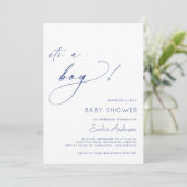 Wit en Navy Blue Simple Het is een Boy Baby shower Kaart (Staand voorkant)