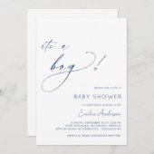 Wit en Navy Blue Simple Het is een Boy Baby shower Kaart (Voorkant / Achterkant)