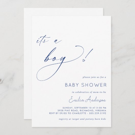 Wit en Navy Blue Simple Het is een Boy Baby shower Kaart (Voorkant / Achterkant)