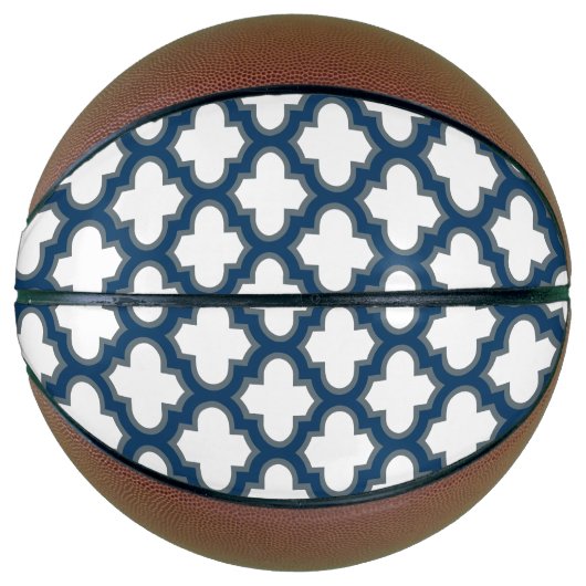 Wit en Navy Blue Trellis, Lattice, Quatrefoil Basketbal (Voorkant)