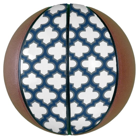 Wit en Navy Blue Trellis, Lattice, Quatrefoil Basketbal (Verticaal)