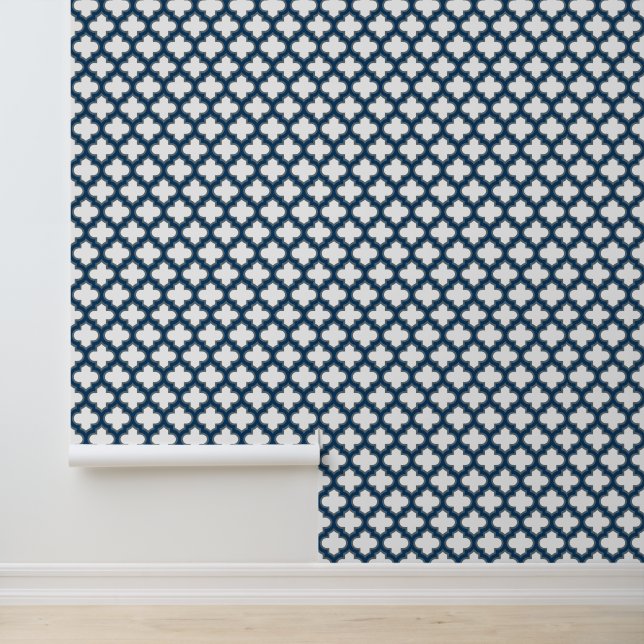 Wit en Navy Blue Trellis, Lattice, Quatrefoil Behang (Applicatie)