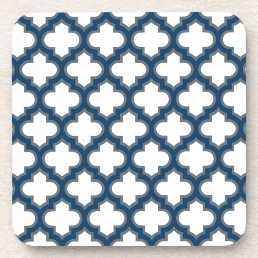 Wit en Navy Blue Trellis, Lattice, Quatrefoil Bier Onderzetter (Voorkant)