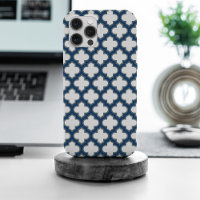 Wit en Navy Blue Trellis, Lattice, Quatrefoil