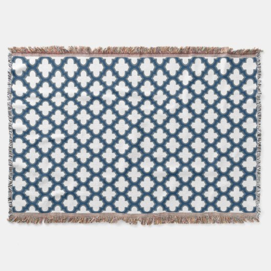 Wit en Navy Blue Trellis, Lattice, Quatrefoil Deken (Voorkant)