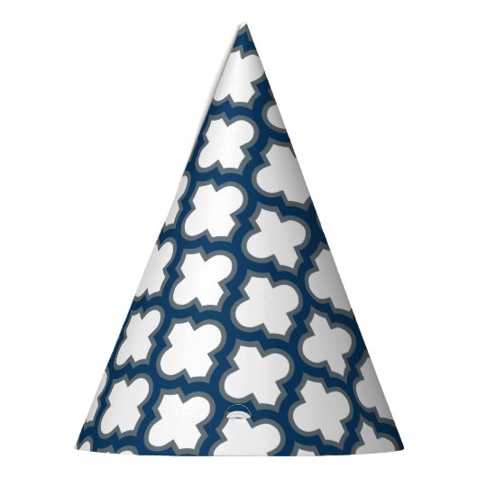 Wit en Navy Blue Trellis, Lattice, Quatrefoil Feesthoedjes (Links)