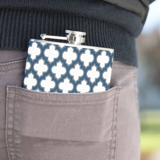 Wit en Navy Blue Trellis, Lattice, Quatrefoil Heupfles (Voorbeeld)