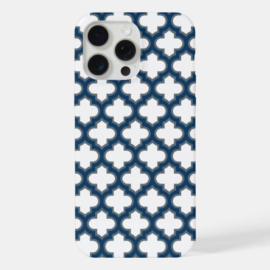 Wit en Navy Blue Trellis, Lattice, Quatrefoil iPhone Hoesje (Achterkant)