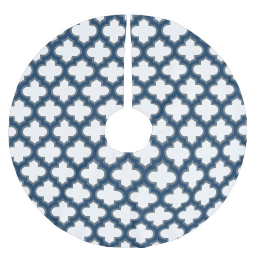 Wit en Navy Blue Trellis, Lattice, Quatrefoil Kerstboom Rok (Voorkant)