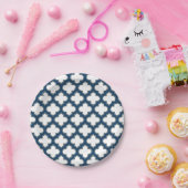 Wit en Navy Blue Trellis, Lattice, Quatrefoil Papieren Bordje (Feest)