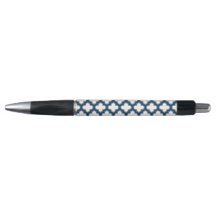 Wit en Navy Blue Trellis, Lattice, Quatrefoil Pen