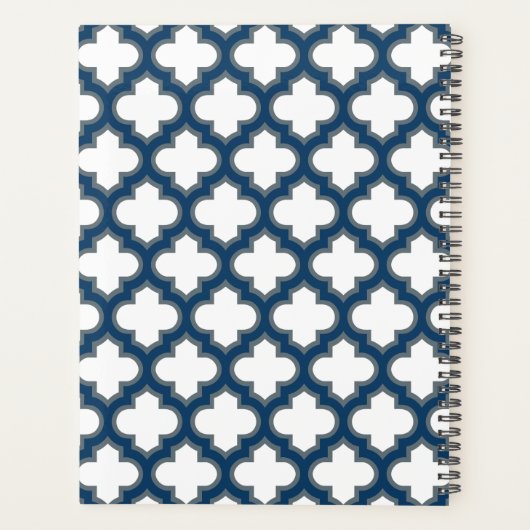 Wit en Navy Blue Trellis, Lattice, Quatrefoil Planner (Achterkant)