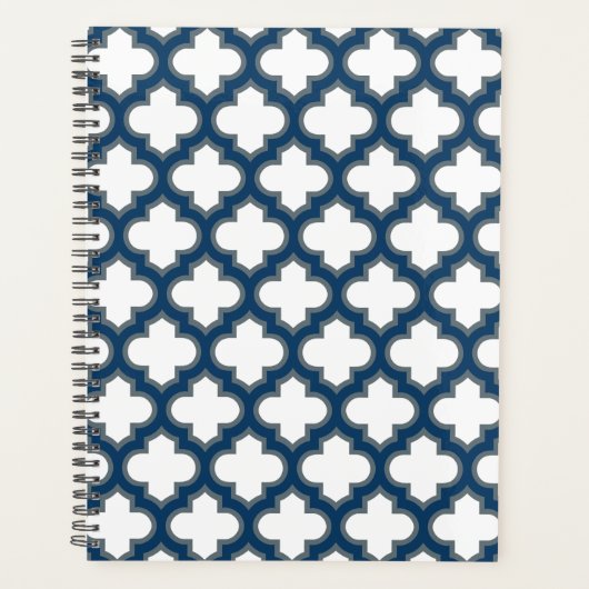 Wit en Navy Blue Trellis, Lattice, Quatrefoil Planner (Voorkant)