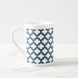 Wit en Navy Blue Trellis, Lattice, Quatrefoil Porselein Kop