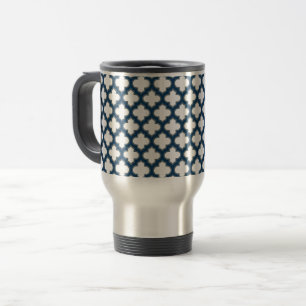 Wit en Navy Blue Trellis, Lattice, Quatrefoil Reisbeker