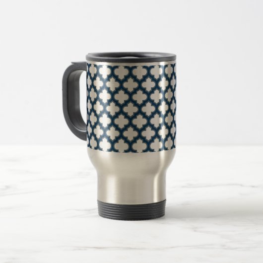 Wit en Navy Blue Trellis, Lattice, Quatrefoil Reisbeker (Voorkant links)