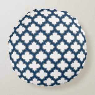 Wit en Navy Blue Trellis, Lattice, Quatrefoil Rond Kussen