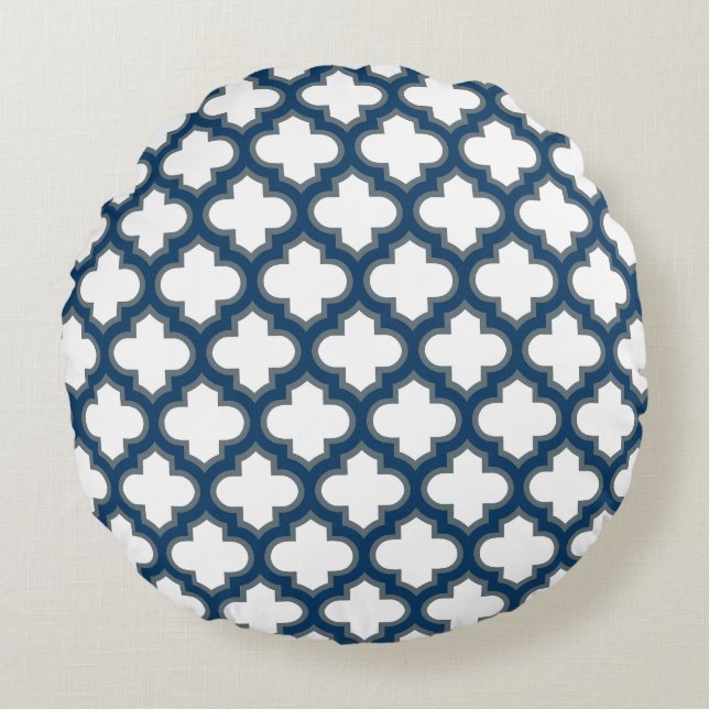 Wit en Navy Blue Trellis, Lattice, Quatrefoil Rond Kussen (Voorkant)