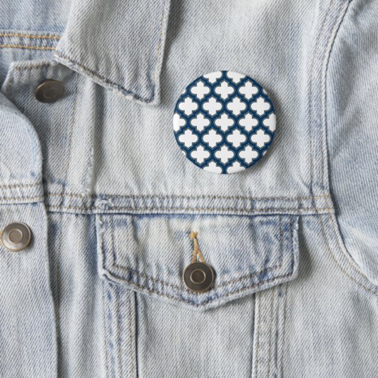 Wit en Navy Blue Trellis, Lattice, Quatrefoil Ronde Button 5,7 Cm (In situ)