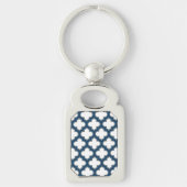 Wit en Navy Blue Trellis, Lattice, Quatrefoil Sleutelhanger (Voorkant)