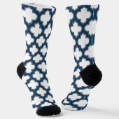 Wit en Navy Blue Trellis, Lattice, Quatrefoil Sokken (Gebogen)