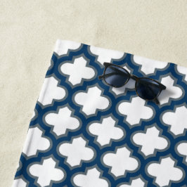 Wit en Navy Blue Trellis, Lattice, Quatrefoil Strandlaken