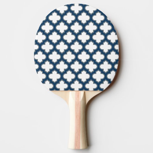 Wit en Navy Blue Trellis, Lattice, Quatrefoil Tafeltennisbatje (Achterkant)