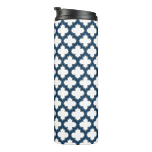 Wit en Navy Blue Trellis, Lattice, Quatrefoil Thermosbeker