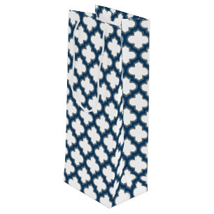 Wit en Navy Blue Trellis, Lattice, Quatrefoil Wijn Cadeautas