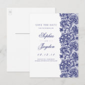 Wit en Navy | Elegante kant Save the Date Aankondigingskaart (Voorkant / Achterkant)