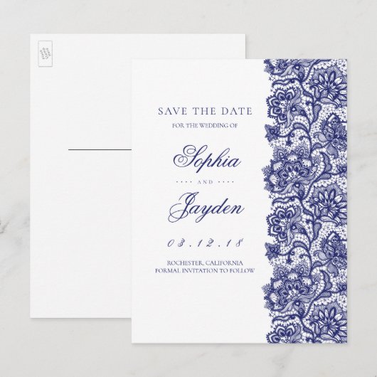 Wit en Navy | Elegante kant Save the Date Aankondigingskaart (Voorkant / Achterkant)
