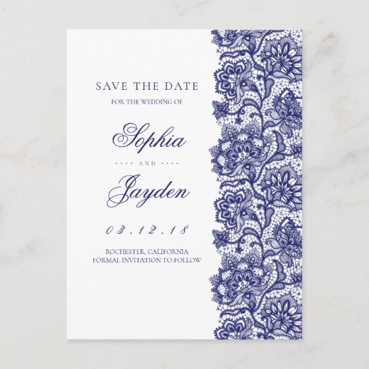Wit en Navy | Elegante kant Save the Date Aankondigingskaart (Voorkant)