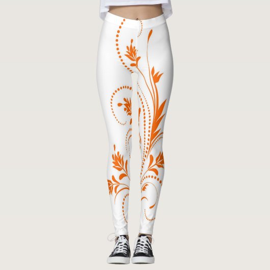 Wit en oranje damast scrollwerk bloempatroon leggings (Voorkant)