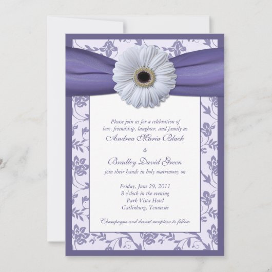 Wit en Paars Floral Damask Wedding Invitation Kaart (Voorkant)