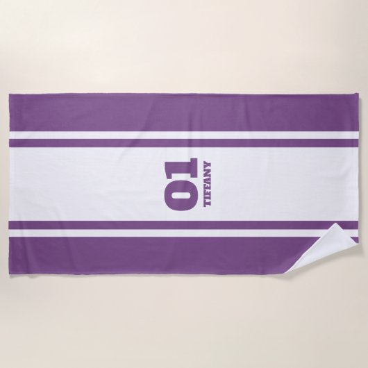 Wit en Paars Sportband Naam en nummer Strandlaken (Voorkant)