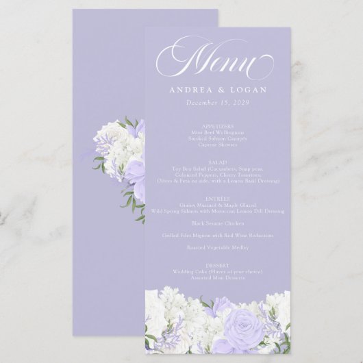 Wit en Periwinkle | Trouwmenu Menu (Voorkant / Achterkant)
