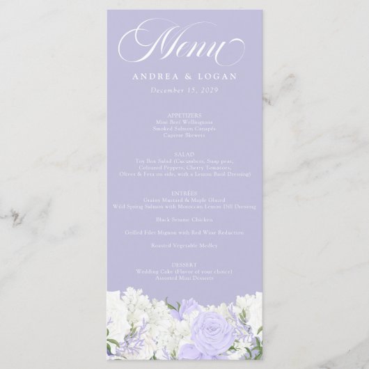 Wit en Periwinkle | Trouwmenu Menu (Voorkant)