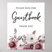 Wit en Plum Bloemen Gastenboek Baby shower teken Poster (Voorkant)