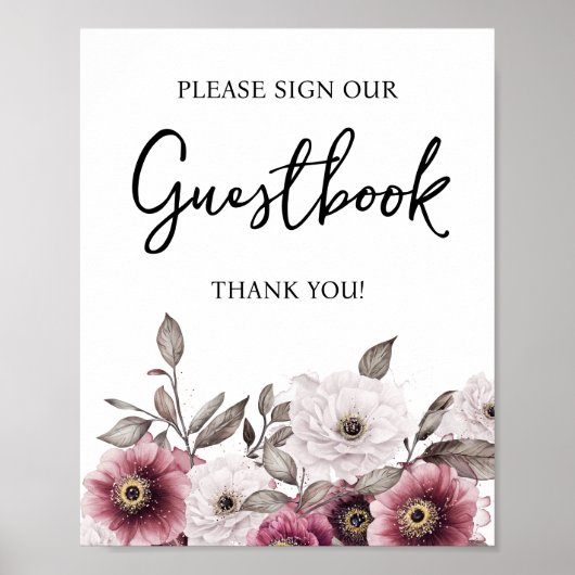 Wit en Plum Bloemen Gastenboek Baby shower teken Poster (Voorkant)